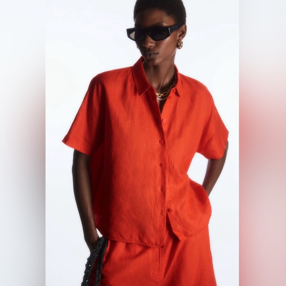 COS Bright Red/Orange Linen Shirt and Shorts set, Top size 4 / Shorts size Small